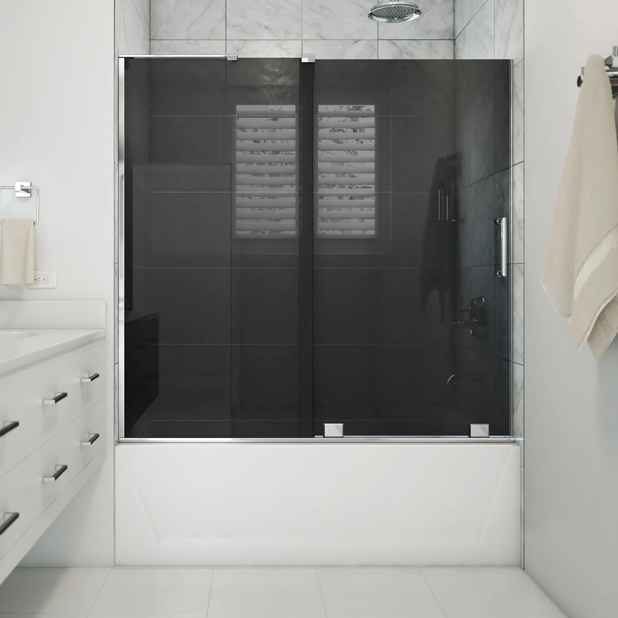 Mirage-X Chrome Frameless Sliding Tub Door with Smoke Gray Glass