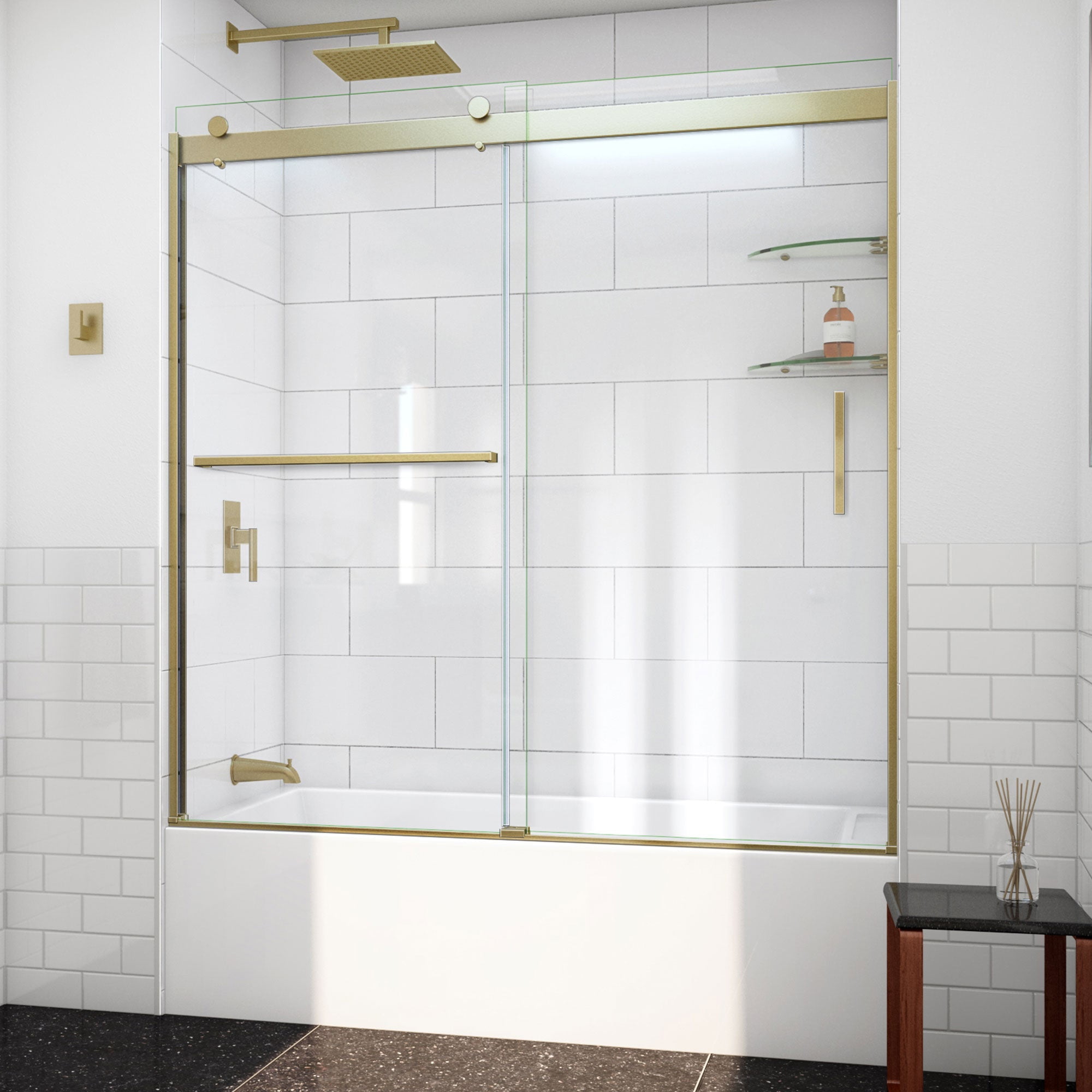 Sapphire-V Brushed Gold Clear Glass Sliding Tub Door