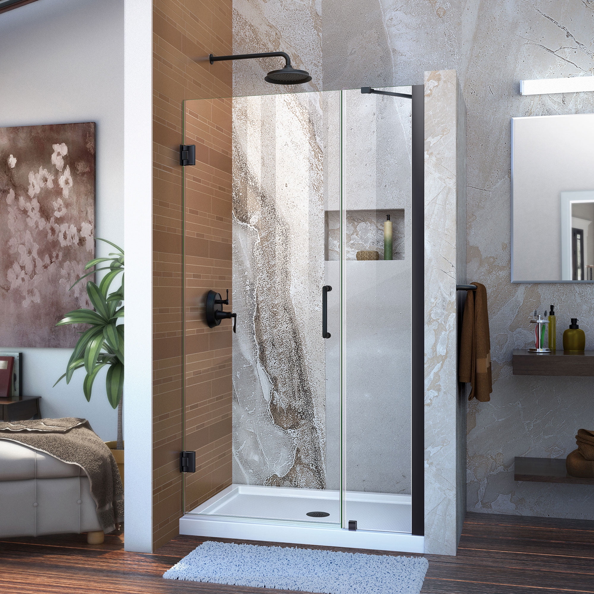 DreamLine Unidoor 35-36 in. W x 72 in. H Frameless Hinged Shower Door with Support Arm in Satin Black