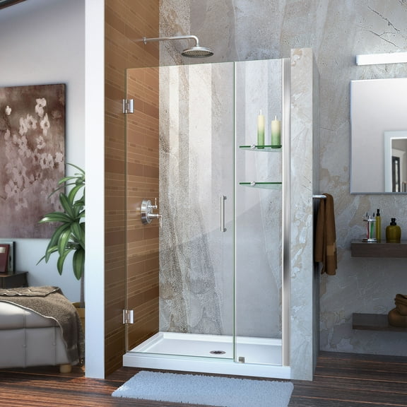DreamLine Unidoor 36-37 in. W x 72 in. H Frameless Hinged Shower Door with Shelves in Chrome