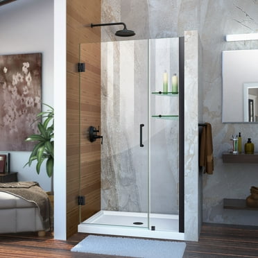 DreamLine Unidoor 39-40 in. W x 72 in. H Frameless Hinged Shower Door with Shelves in Satin Black