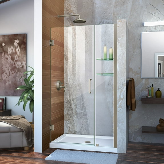 DreamLine Unidoor 42-43 in. W x 72 in. H Frameless Hinged Shower Door with Shelves in Brushed Nickel
