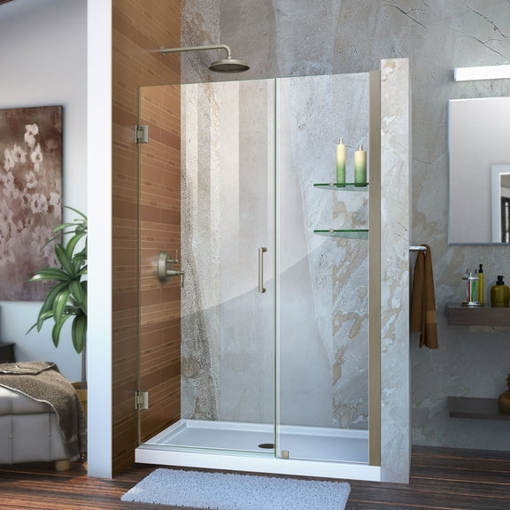 DreamLine Unidoor 44-45 in. W x 72 in. H Frameless Hinged Shower Door with Shelves in Brushed Nickel