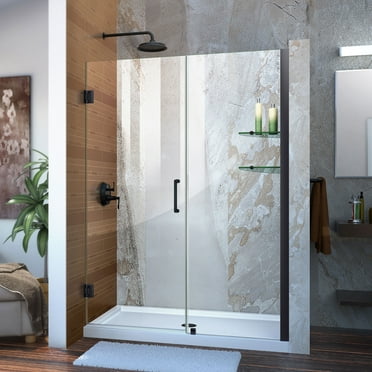 DreamLine Unidoor 47-48 in. W x 72 in. H Frameless Hinged Shower Door with Shelves in Satin Black