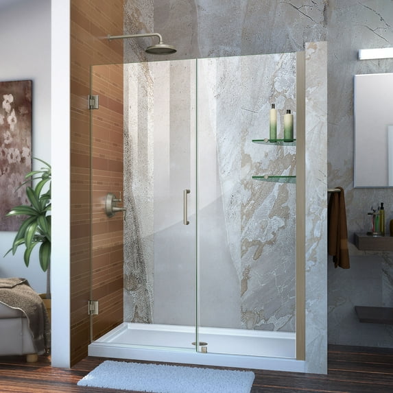 DreamLine Unidoor 51-52 in. W x 72 in. H Frameless Hinged Shower Door with Shelves in Brushed Nickel