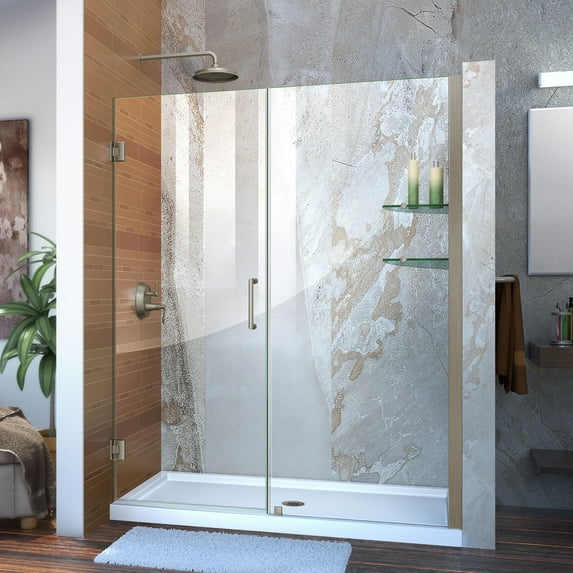 DreamLine Unidoor 58-59 in. W x 72 in. H Frameless Hinged Shower Door with Shelves in Brushed Nickel
