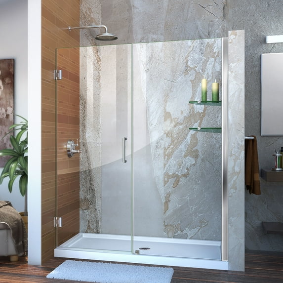 DreamLine Unidoor 58-59 in. W x 72 in. H Frameless Hinged Shower Door with Shelves in Chrome