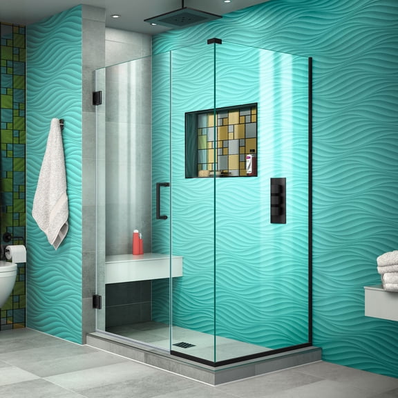 DreamLine Unidoor Plus 38 1/2 in. W x 34 3/8 in. D x 72 in. H Frameless Hinged Shower Enclosure in Satin Black