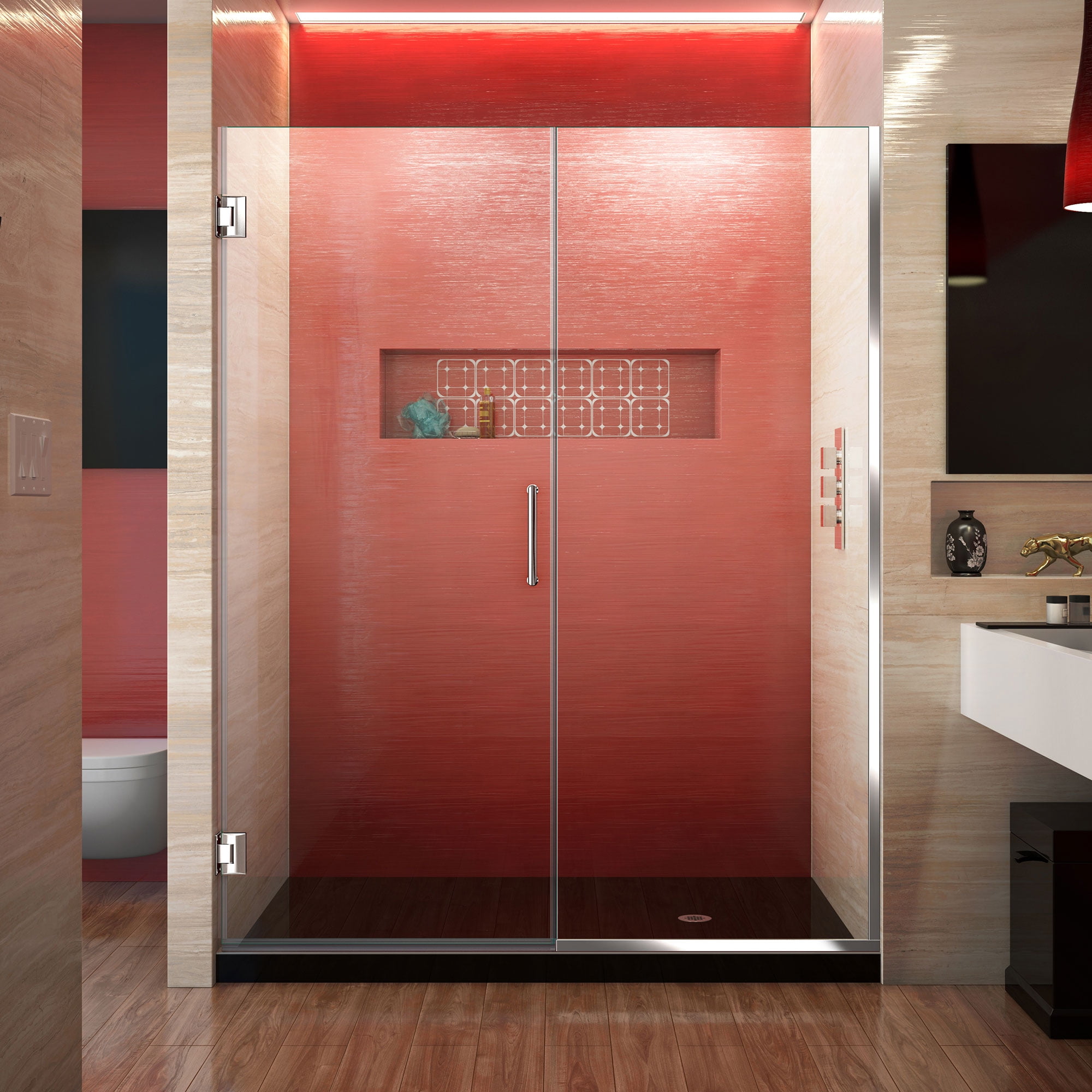 DreamLine Unidoor Plus 58-58 1/2 in. W x 72 in. H Frameless Hinged Shower Door, Clear Glass, Chrome