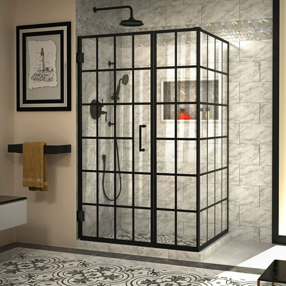 DreamLine Unidoor Toulon 34 in. D x 46 in. W x 72 in. H Frameless Hinged Shower Enclosure in Satin Black