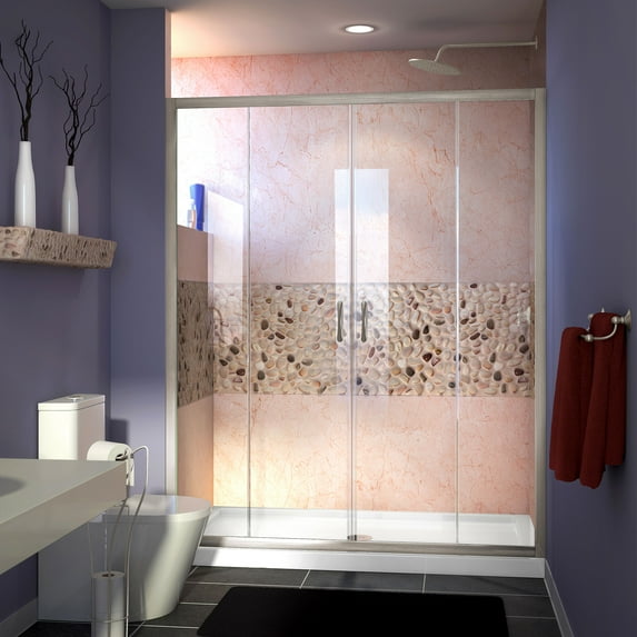 DreamLine Visions 30 in. D x 60 in. W x 74 3/4 in. H Sliding Shower Door in Brushed Nickel with Center Drain White Shower Base