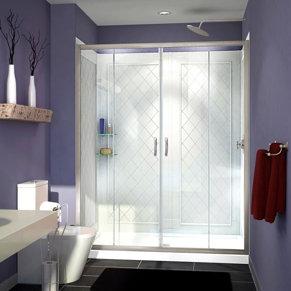 DreamLine Visions 30 in. D x 60 in. W x 76 3/4 in. H Sliding Shower Door in Brushed Nickel with Center Drain White Base, Backwalls