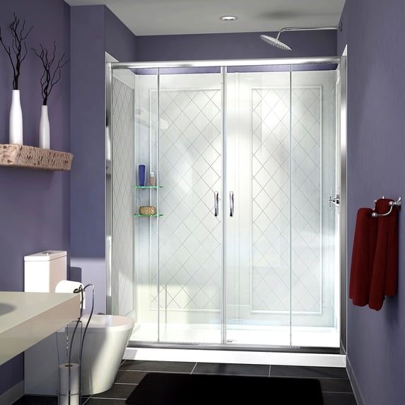 DreamLine Visions 32 in. D x 60 in. W x 76 3/4 in. H Sliding Shower Door in Chrome with Center Drain White Base, Backwalls