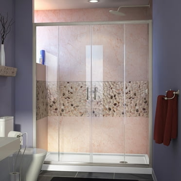 DreamLine Visions 34 in. D x 60 in. W x 74 3/4 in. H Sliding Shower Door in Brushed Nickel with Right Drain White Shower Base