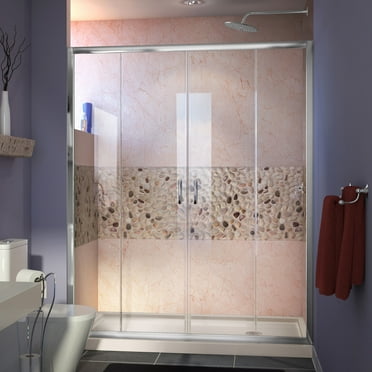 DreamLine Visions 34 in. D x 60 in. W x 74 3/4 in. H Sliding Shower Door in Chrome with Right Drain Biscuit Shower Base