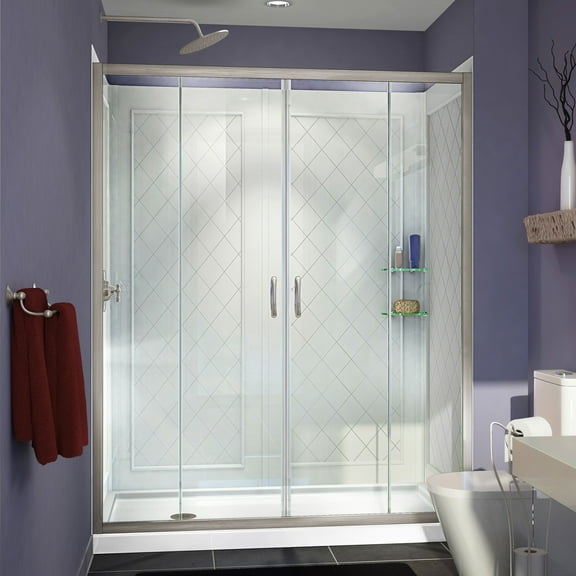 DreamLine Visions 34 in. D x 60 in. W x 76 3/4 in. H Sliding Shower Door in Brushed Nickel with Left Drain White Base, Backwalls