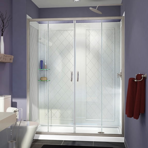 DreamLine Visions 34 in. D x 60 in. W x 76 3/4 in. H Sliding Shower Door in Brushed Nickel with Right Drain White Base, Backwalls