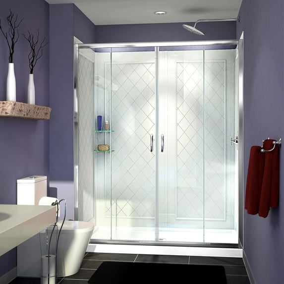 DreamLine Visions 34 in. D x 60 in. W x 76 3/4 in. H Sliding Shower Door in Chrome with Center Drain White Base, Backwalls