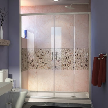 DreamLine Visions 36 in. D x 60 in. W x 74 3/4 in. H Sliding Shower Door in Brushed Nickel with Right Drain Biscuit Shower Base