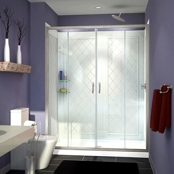 DreamLine Visions 36 in. D x 60 in. W x 76 3/4 in. H Sliding Shower Door in Brushed Nickel with Center Drain White Base, Backwalls