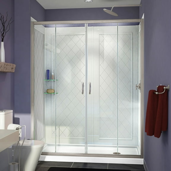 DreamLine Visions 36 in. D x 60 in. W x 76 3/4 in. H Sliding Shower Door in Brushed Nickel with Right Drain White Base, Backwalls