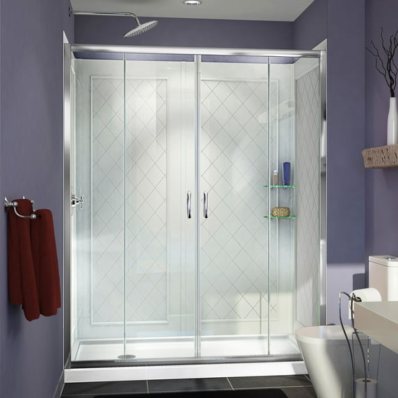 DreamLine Visions 36 in. D x 60 in. W x 76 3/4 in. H Sliding Shower Door in Chrome with Left Drain White Base, Backwalls