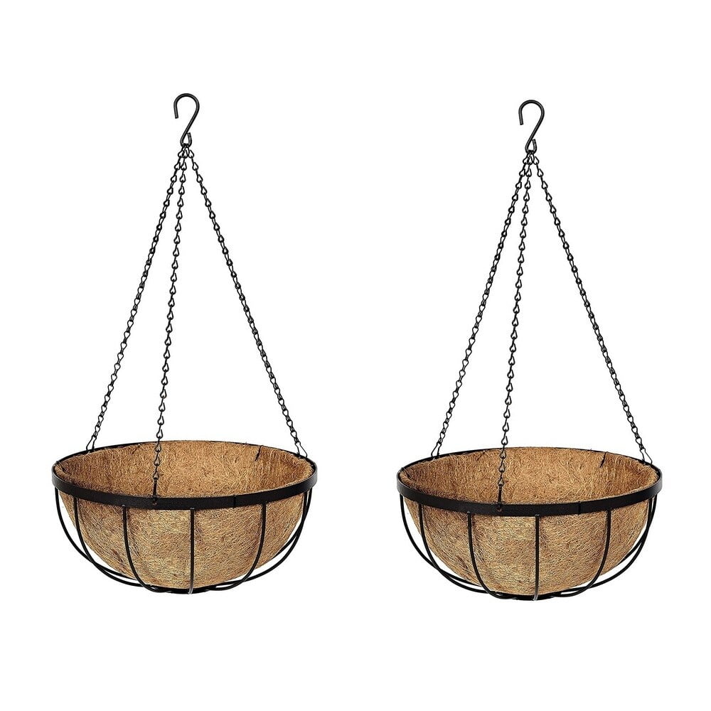 Lana 12" Black Metal Hanging Basket Planters with Coconut Coir, Set of 2