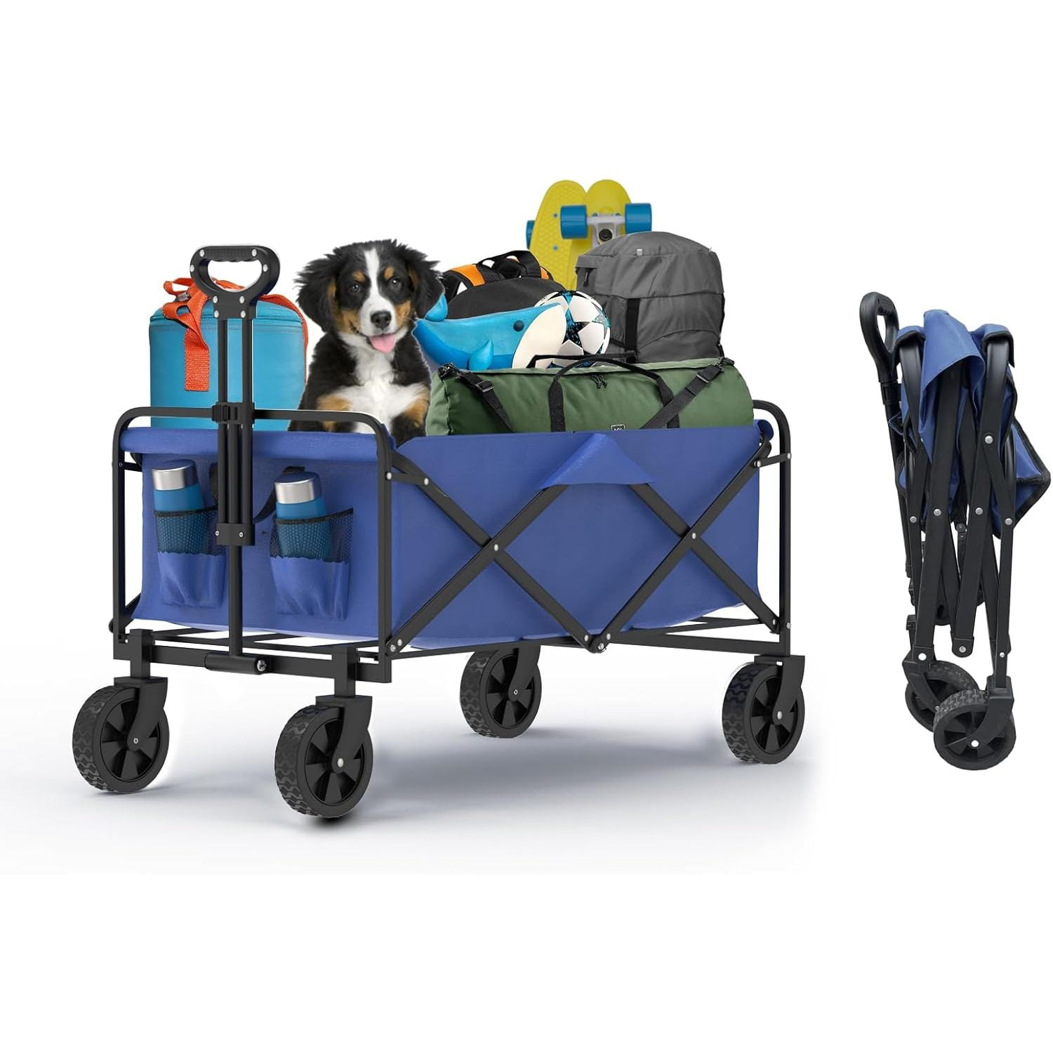DreamQuest Wagon Cart with Wheels Foldable, Heavy Duty Steel Frame Collapsible Folding Wagon with 300LBS Capacity for Grocery, Garden, Outdoor, Camping (Blue)