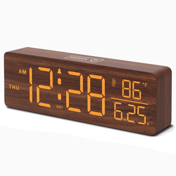 DreamSky Wooden Digital Alarm Clocks for Bedrooms Large Display Desk Clock with Date & Day of Week for Living Room, Temperature, Dimmer, Adjustable Volume, Auto DST, Office Wood Dcor (Plug-in)