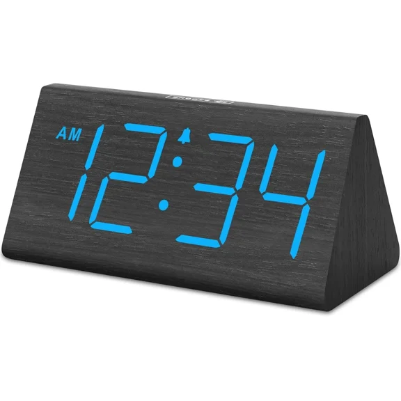 DreamSky Wooden Digital Alarm Clocks for Bedrooms - Electric Desk Black-blue