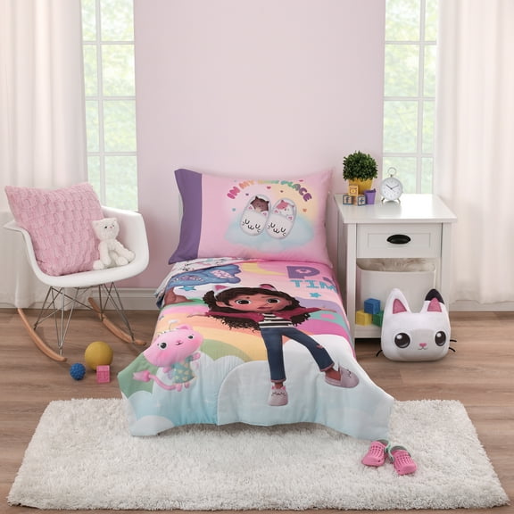 DreamWorks Gabby's Dollhouse Dream It Up 4 Piece Toddler Bed Set, Pink, Purple, Comforter, Top Sheet, Fitted Sheet, Pillowcase