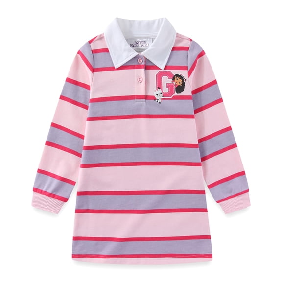 DreamWorks Gabby’s Dollhouse Pandy Paws Girls Long Sleeve Polo Rugby Dress (Girls), Sizes 3T-8