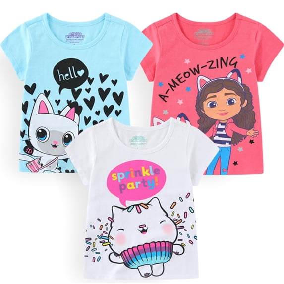DreamWorks Gabby's Dollhouse Short Sleeve T-Shirt (Girls), 3 Pack, Sizes 4-7
