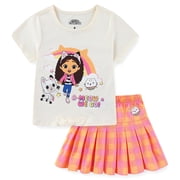 DreamWorks Gabby's Dollhouse Short Sleeve T-Shirt and Pleated Skirt Set Girls, 2 Piece Set, Sizes 3T-10