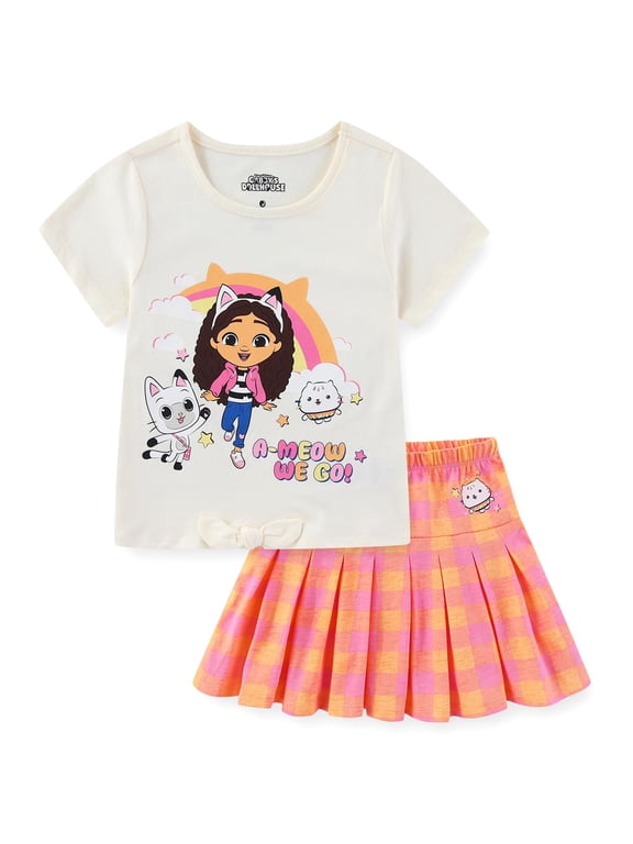 Gabby's Dollhouse Short Sleeve T-Shirt and Pleated Skirt Set (Girls), 2 Piece Set, Sizes 3T-10