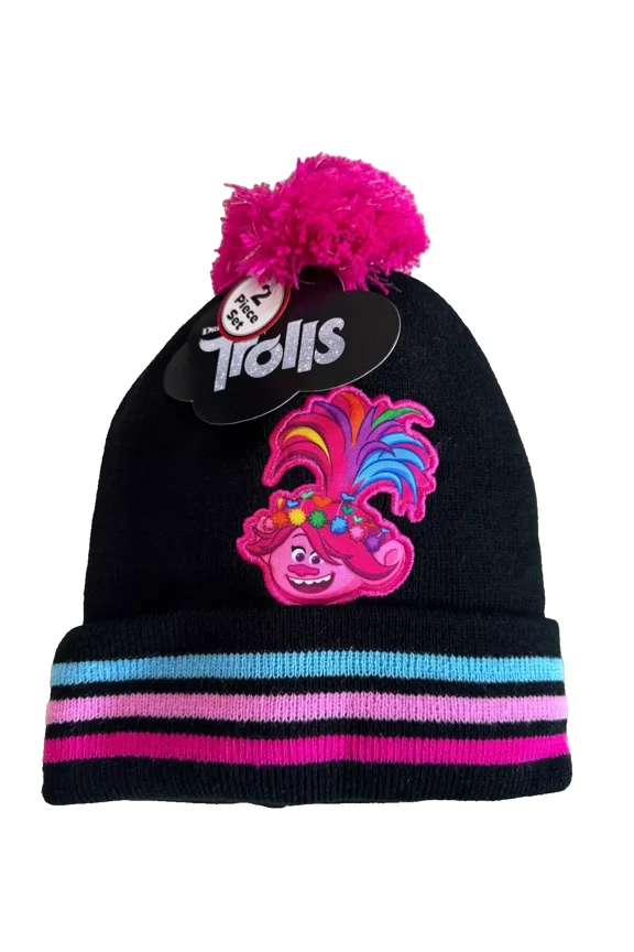 Girls Trolls Pom Pom Winter Hat Glove Set for Little Girls Age 4-7
