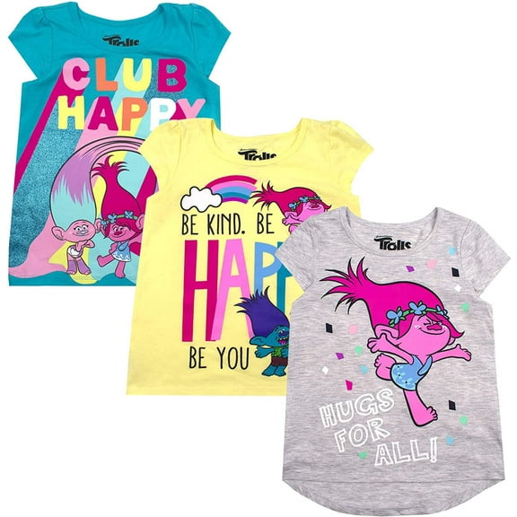 DreamWorks Kids 3-Pack Shorts Sleeve T-Shirts for Toddlers and Little Girls - Trolls