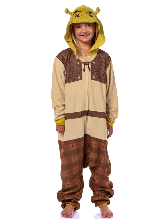 DreamWorks Shrek Boys' Ogre Character 3D Face Ears Hooded 1 Piece Sleep Union Suit Footless Pajama For Kids Loungewear