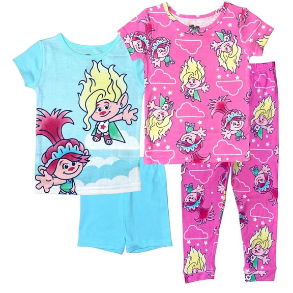DreamWorks Trolls Girls' 4-Piece Pajama Set Short Sleeve Tops, Shorts, and Pants Character Sleepwear, Blue/Pink, 4T