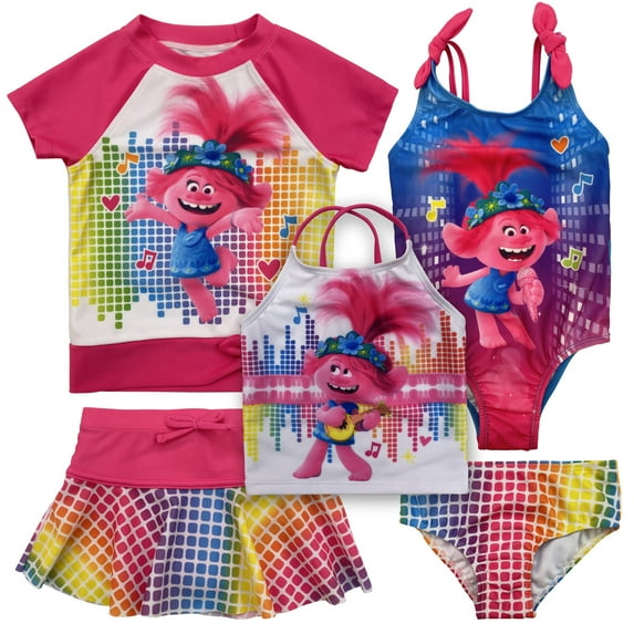 DreamWorks Trolls Poppy Toddler Girls One Piece Bathing Suit Rash Guard Tankini Top Skirt and Bikini Bottom 5 Swimsuit Set Toddler to Little Kid