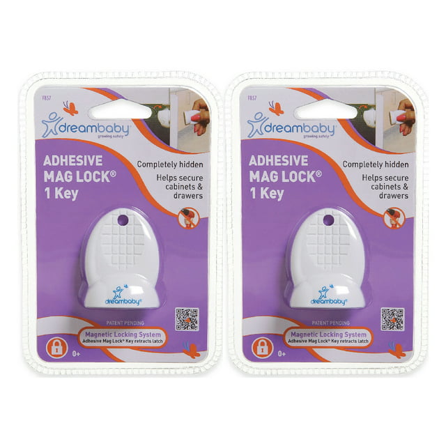 Dreambaby Adhesive Mag Lock 1 Key Cabinet Drawer Lock Plastic Magnet White, 2 Pack