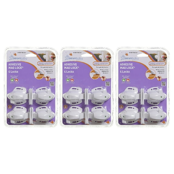 Dreambaby Adhesive Mag Locks No Key Cabinet Drawer Baby Proof 4 Count White, 3 Pack