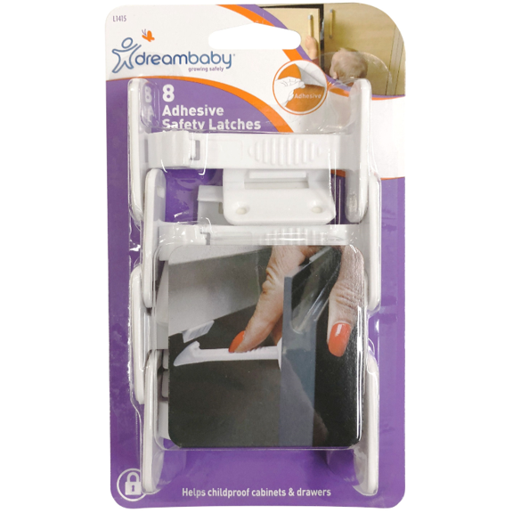Dreambaby Adhesive Safety Latches Cabinet Drawers White Plastic 8 Count, 4 Pack