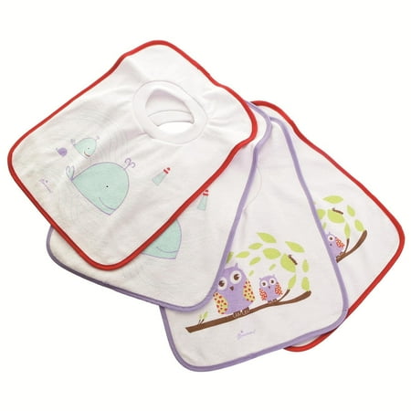 Dreambaby® Terry Cloth Cotton 4 Pack Pullover Baby Bibs for Teething Feeding and Drooling - Super Absorbent & Extra Soft - Machine Washable -Count Whales/Owl Designs
