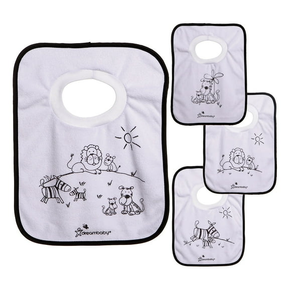 Dreambaby® Terry Cloth Cotton 4 Pack Pullover Baby Bibs for Teething Feeding and Drooling - Super Absorbent & Extra Soft - Machine Washable - Jungle