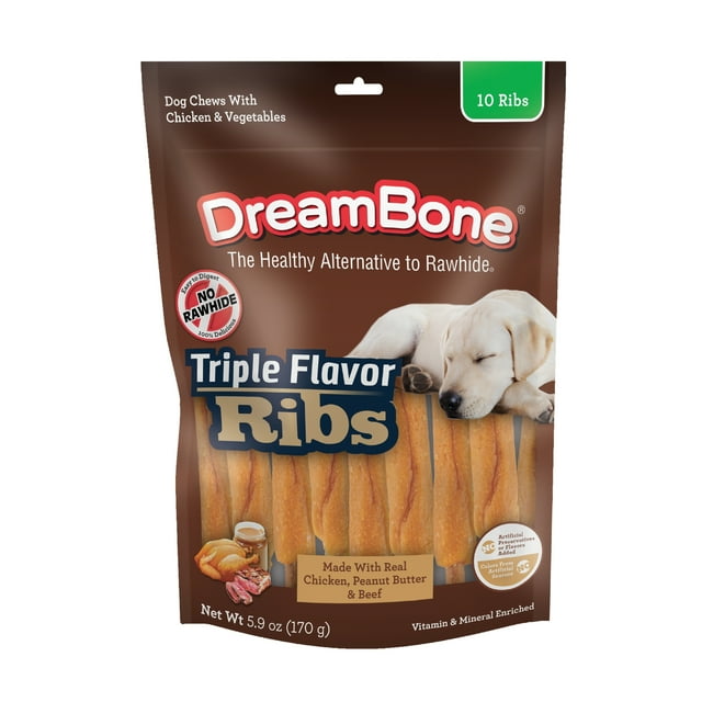 Dreambone Peanut Butter Ribs, Rawhide Free Treats for Dogs, 10 Count