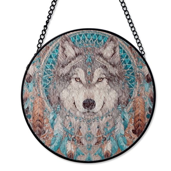 Dreamcatcher And Wolf Native Style Stained Glass Suncatcher UV Printed Glass Southwest Spirit Animal Decor Round