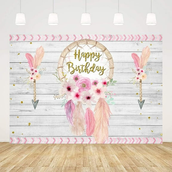 Dreamcatcher Backdrop for Birthday Party Rustic Wood Happy Birthday Photography Backdrops Pink Dream Catcher Photo Background for Gilrs 1st Birthday Baby Shower Cake Table Decor