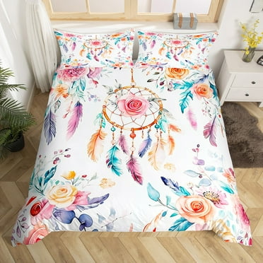 Dreamcatcher Bedding Set,Boho Dream Catcher Rose Flowers Comforter Cover Teens Bohemian Style Duvet Cover Watercolor Floral Hippie Feather Bed Set(No Comforter)