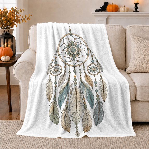 Dreamcatcher with Blue Feathers and Beaded Circles, Serene Boho Feather Motif for Boho Style Fans, Birthday Gift, Soft Flannel Blanket for Bedroom and Reading Nook, Soft Home Decor